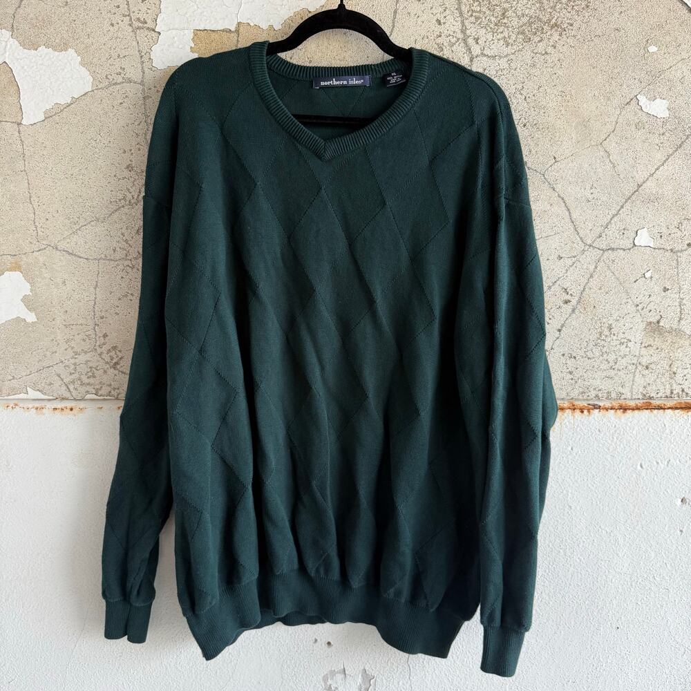 Vtg 90s Argyle Sweater‎ Forest Green Knit Cotton Oversized Mens XL Grandpacore
